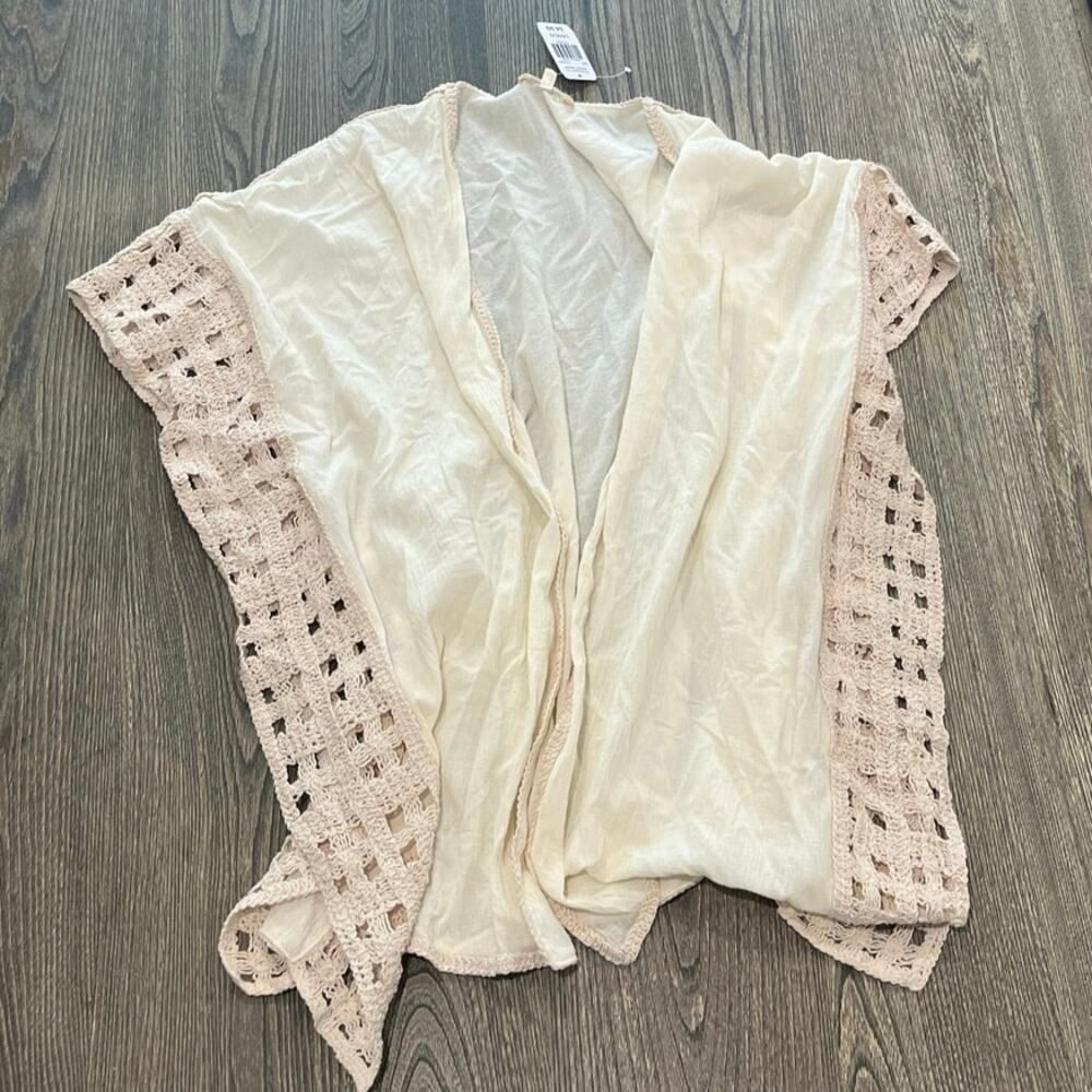 NWT Krazy Kat Fh Square Crochet Trim Kimono Open Front Light Cream Size L/XL